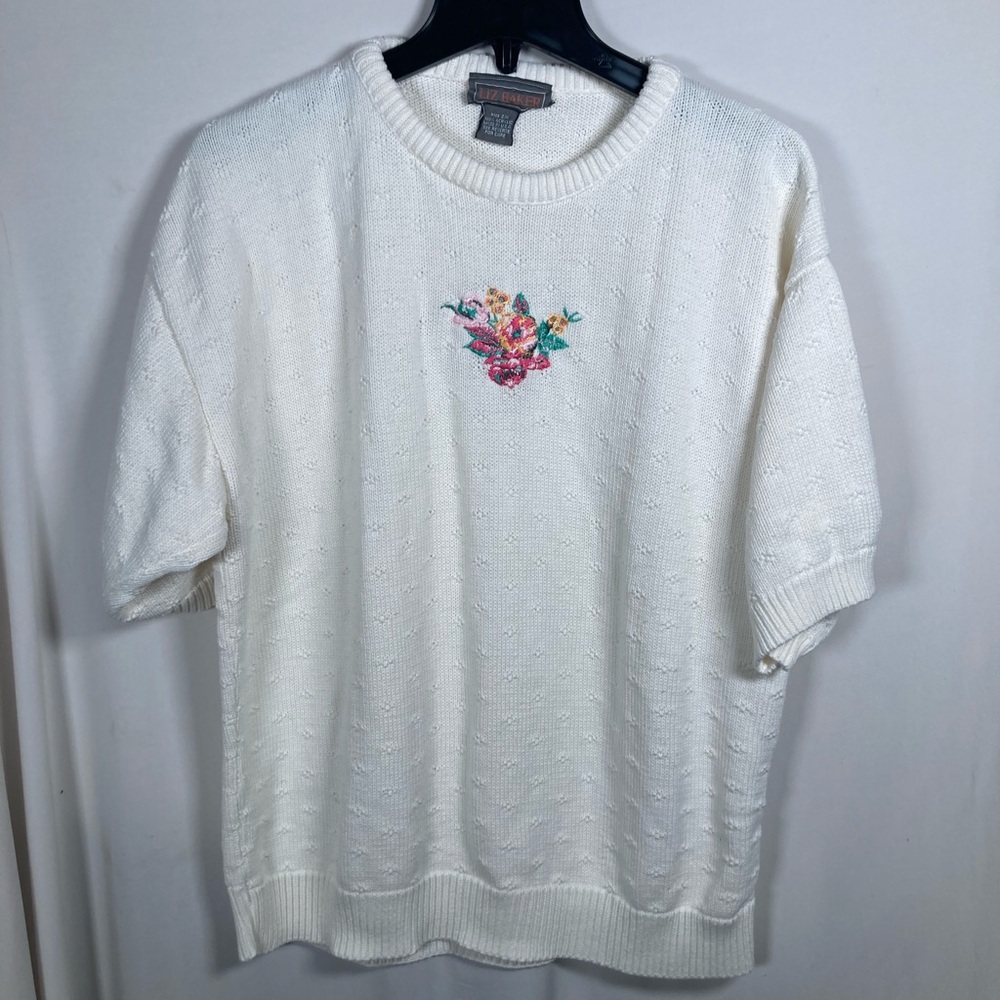 Liz Baker Creamy White Short Sleeve Sweater Floral Embroidery Sz 2X Cottagecore